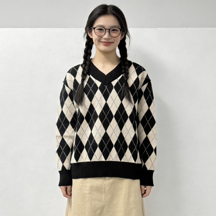 bobo姐 断码 女士美式复古潮流百搭菱格纹V领针织衫毛衣