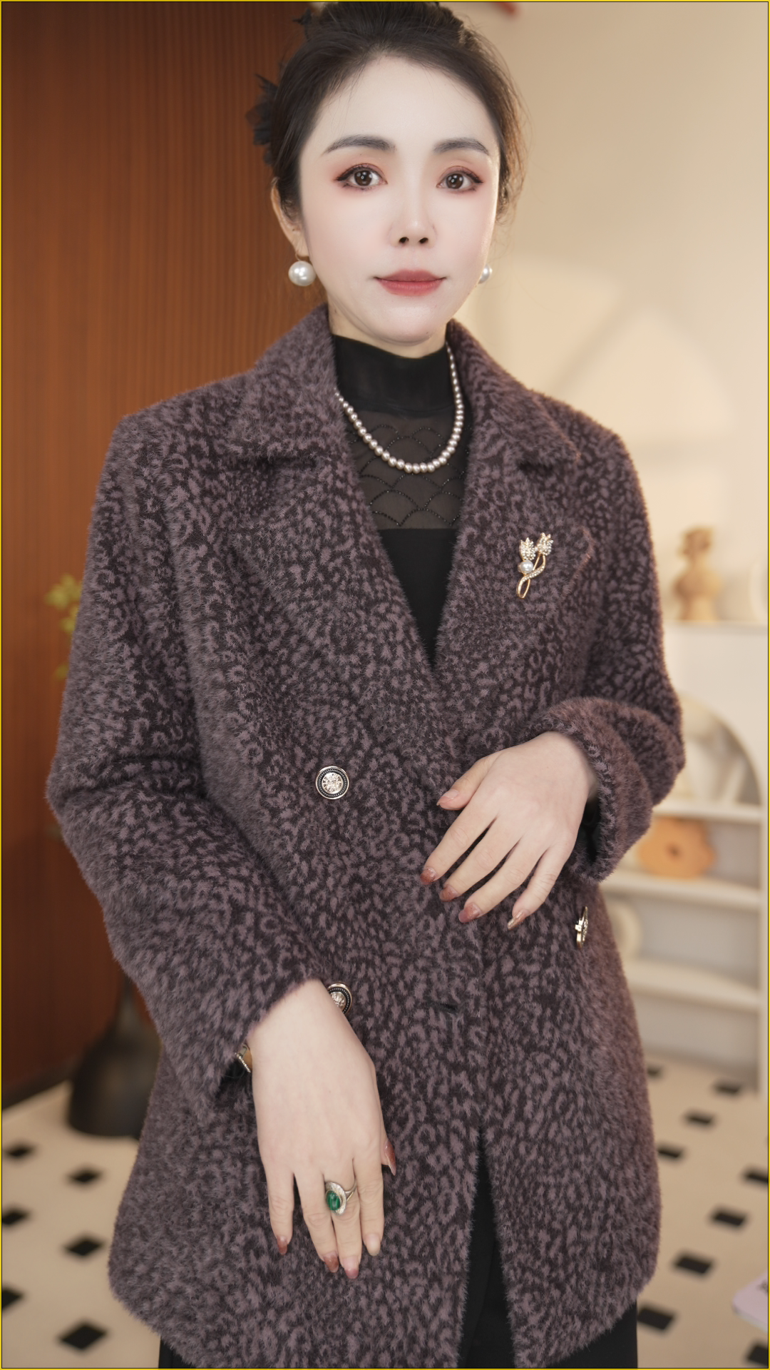 【娅禾】送胸针 紫色豹纹西装领2025秋女士时尚减龄气质澳毛呢外套 