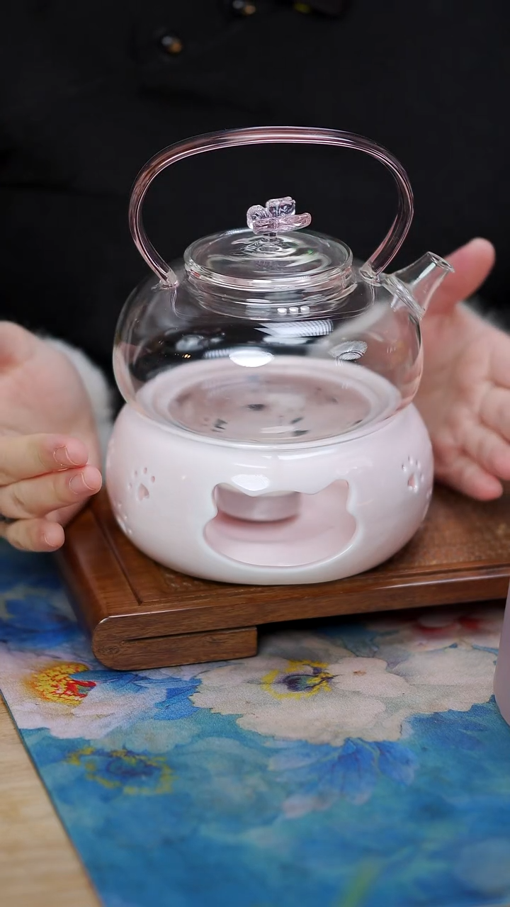 粉色 蝴蝶 提梁壶+温茶炉     