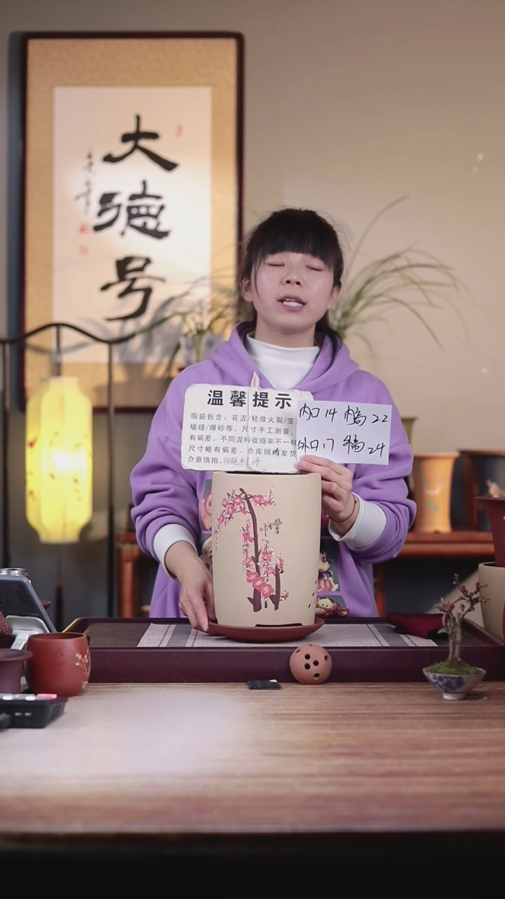 【闪购商品】紫砂花盆瑕疵粉浆绘梅花笔筒一只带瑕疵托盘