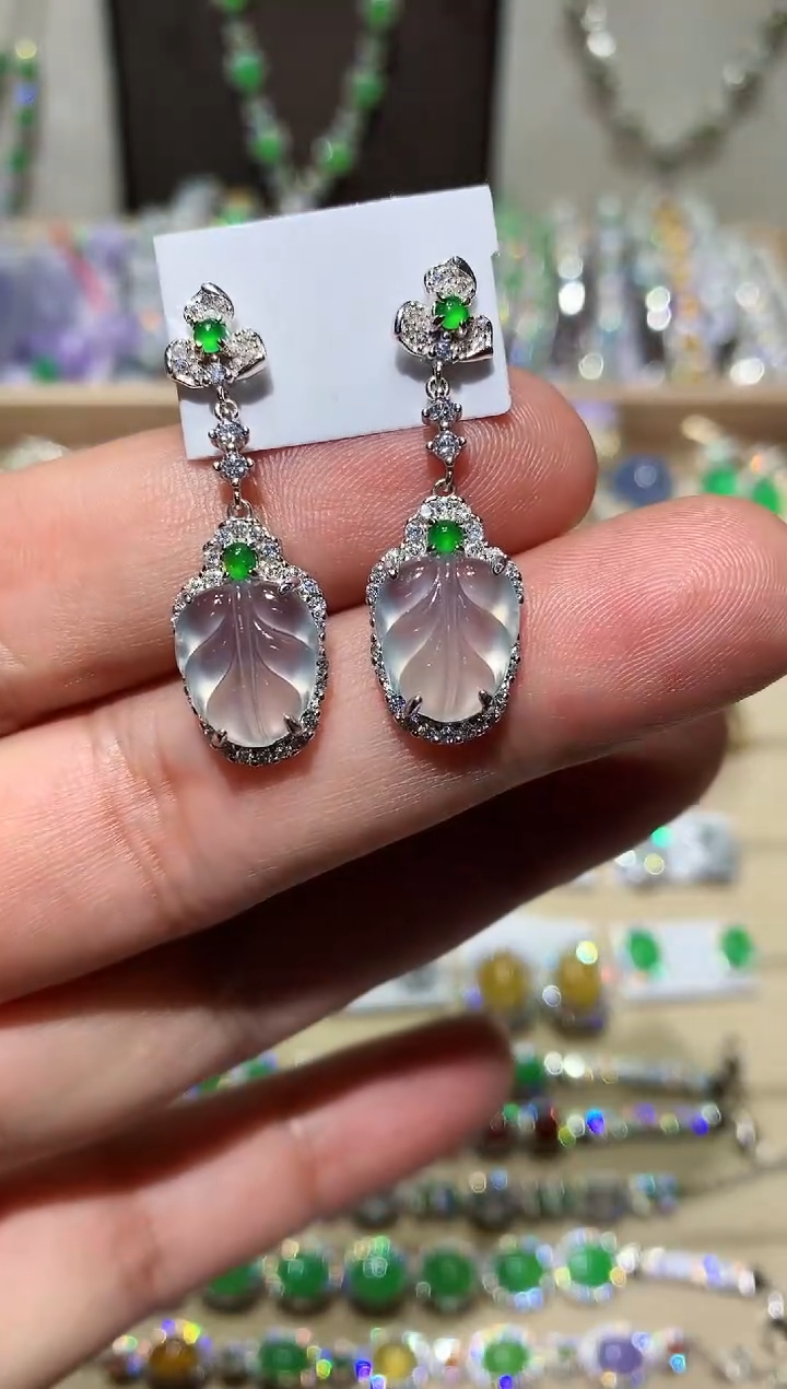 【闪购商品】翡翠耳饰银S925镶嵌叶子耳坠