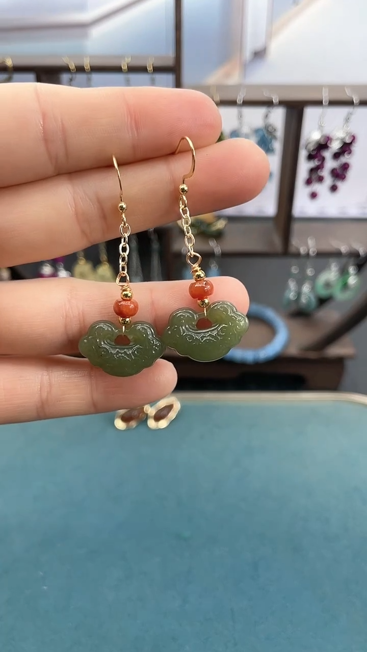 14K金镶嵌和田玉耳饰和田如意耳钩