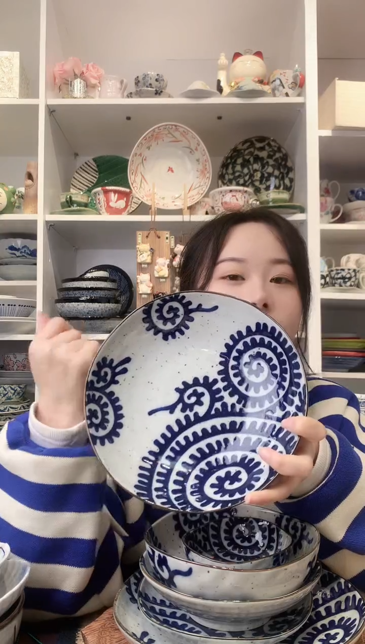 陶瓷【到手两支】三峰章鱼唐草深盘21cm