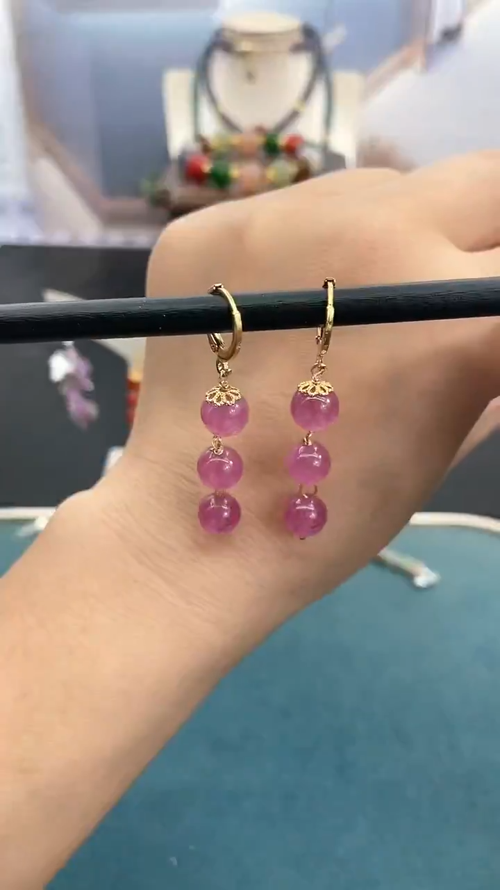 14K金镶嵌耳饰碧玺8mm玫红三珠