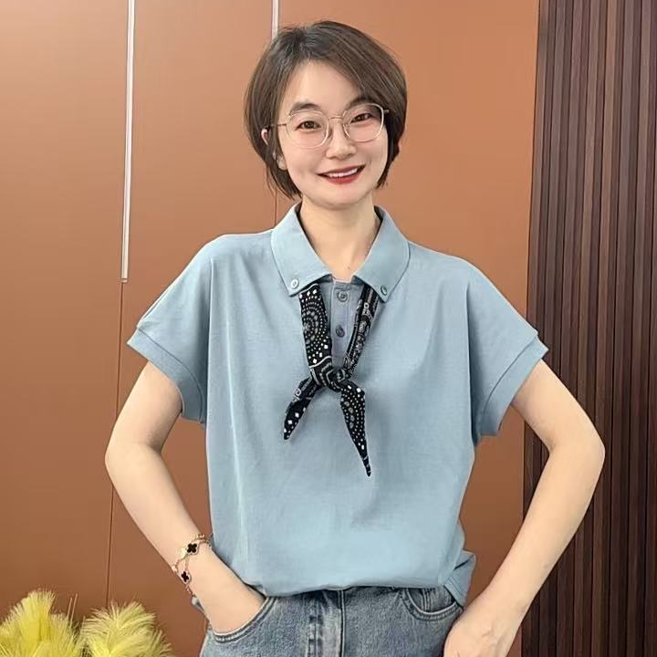 2025夏季新款纯色翻领配丝巾时尚洋气百搭女士上衣Q99