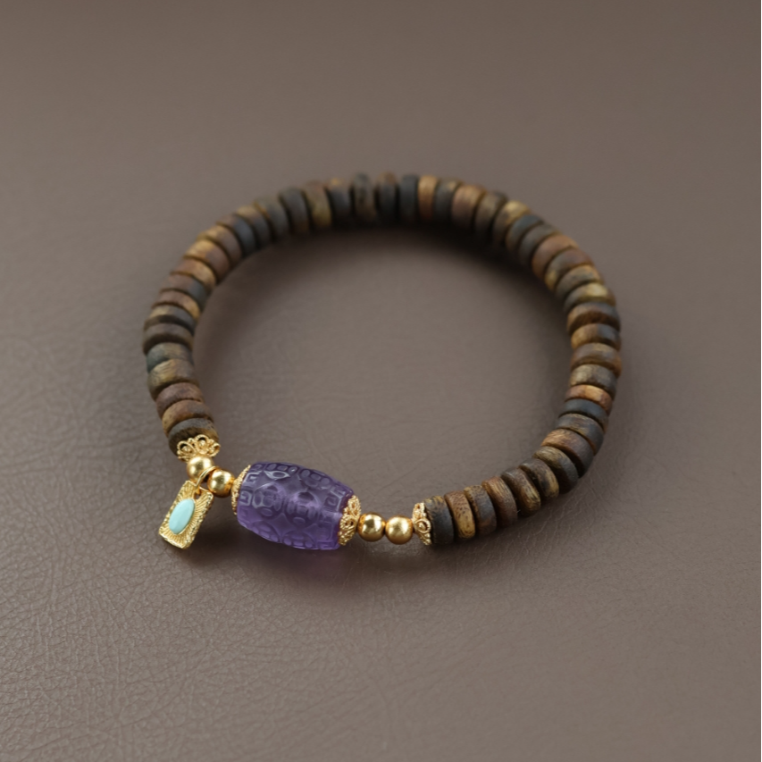 沉香【农林卫视专属】7MM奇楠沉香药片紫水晶顶珠手串