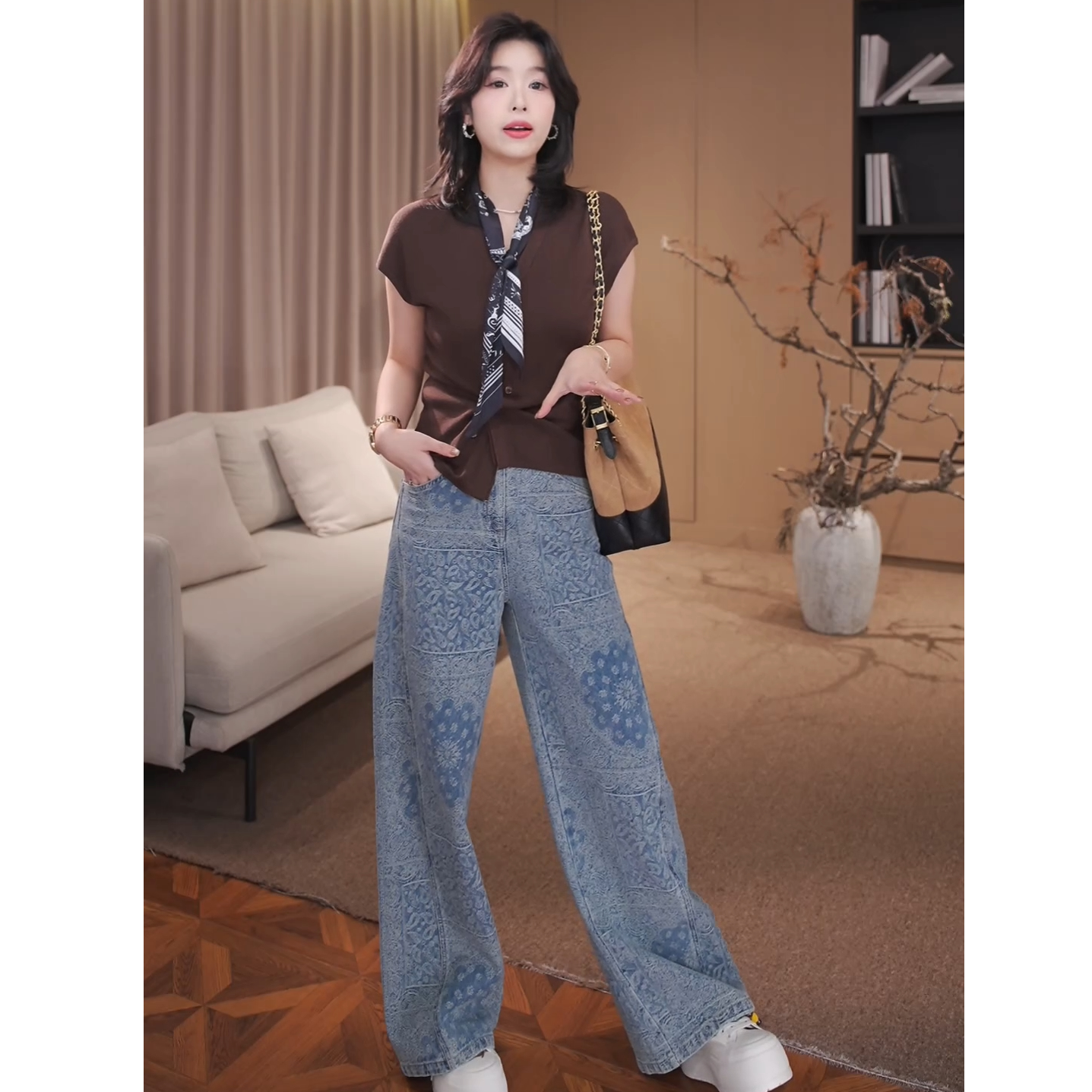 广州琴姐【腰果花蓝牛】时尚印花高街宽松复古阔腿牛仔裤女秋46060