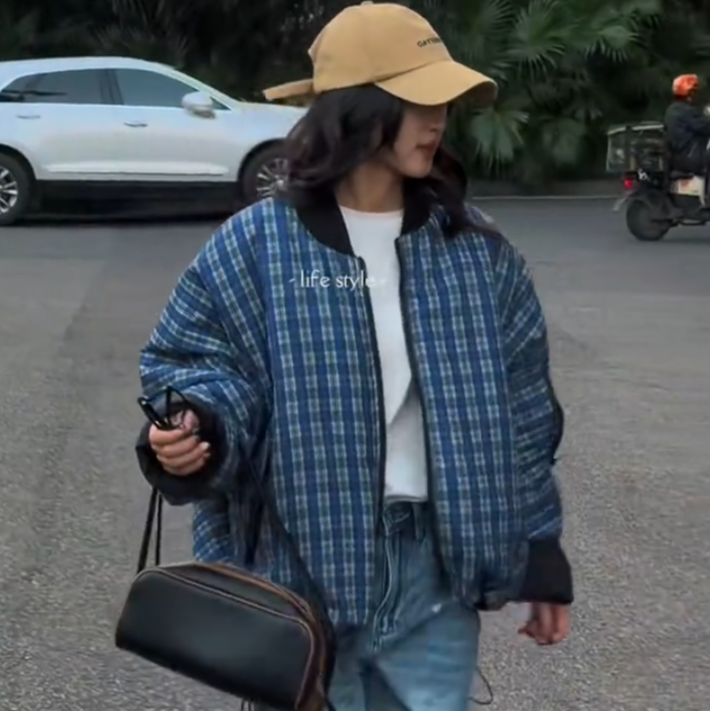 【优优】简约百搭廓形双面穿长袖夹克外套蓝格纹女棉服 LO0061