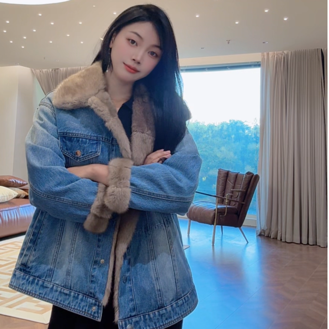 貂皮大衣两面穿 青根貂整貂牛仔加厚水貂毛皮草外套女中长款25019