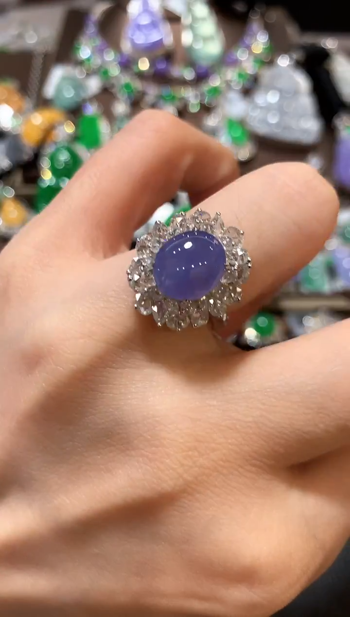 18K金镶嵌戒指翡翠m74 紫色有色差