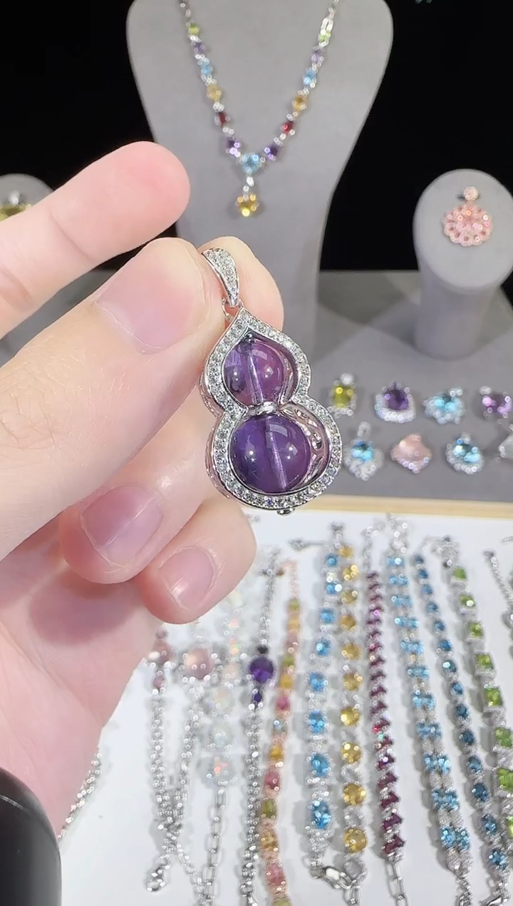 银S925镶嵌颈饰紫晶9mm葫芦吊坠