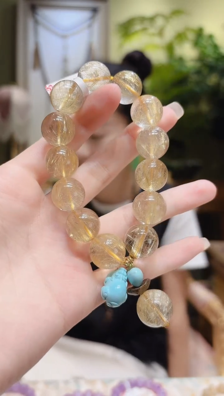 【闪购商品】水晶手串18K金镶嵌单珠提溜绿松貔貅金发晶手串