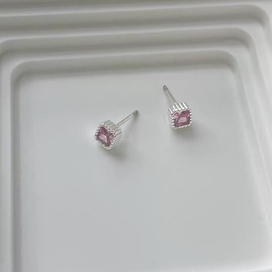 925银耳饰 日韩女银色简约风耳钉糖果色耳饰饰品时尚粉红简约