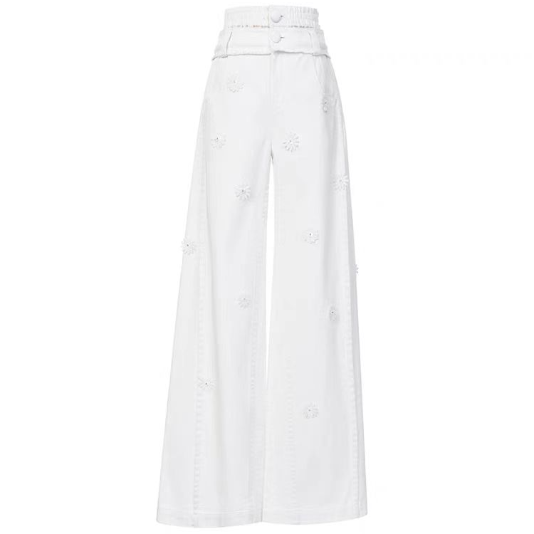 LeFame/拉飞姆2025年春季白色雏菊牛仔长裤阔腿裤LF25C61NP015