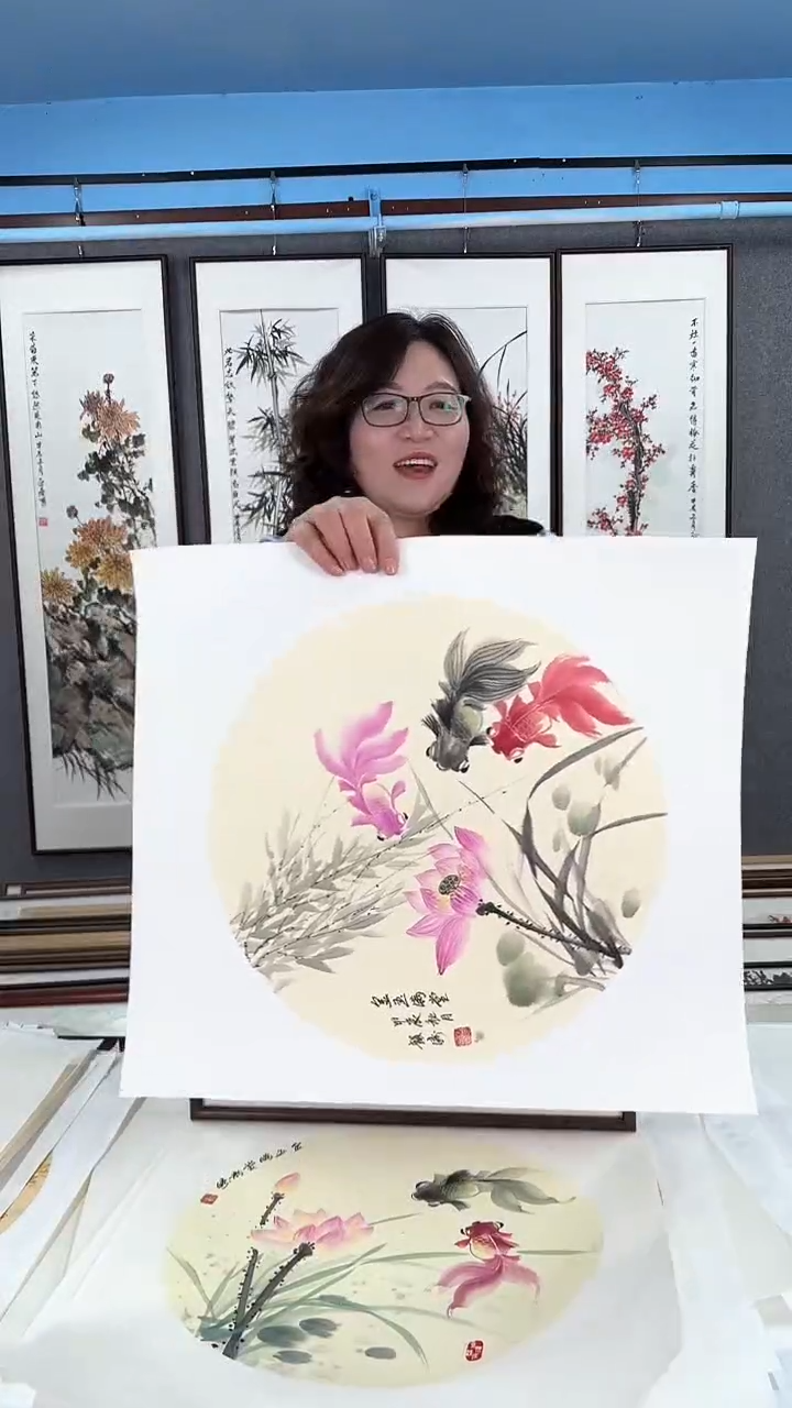 【闪购商品】国画实木装裱  荷花金鱼