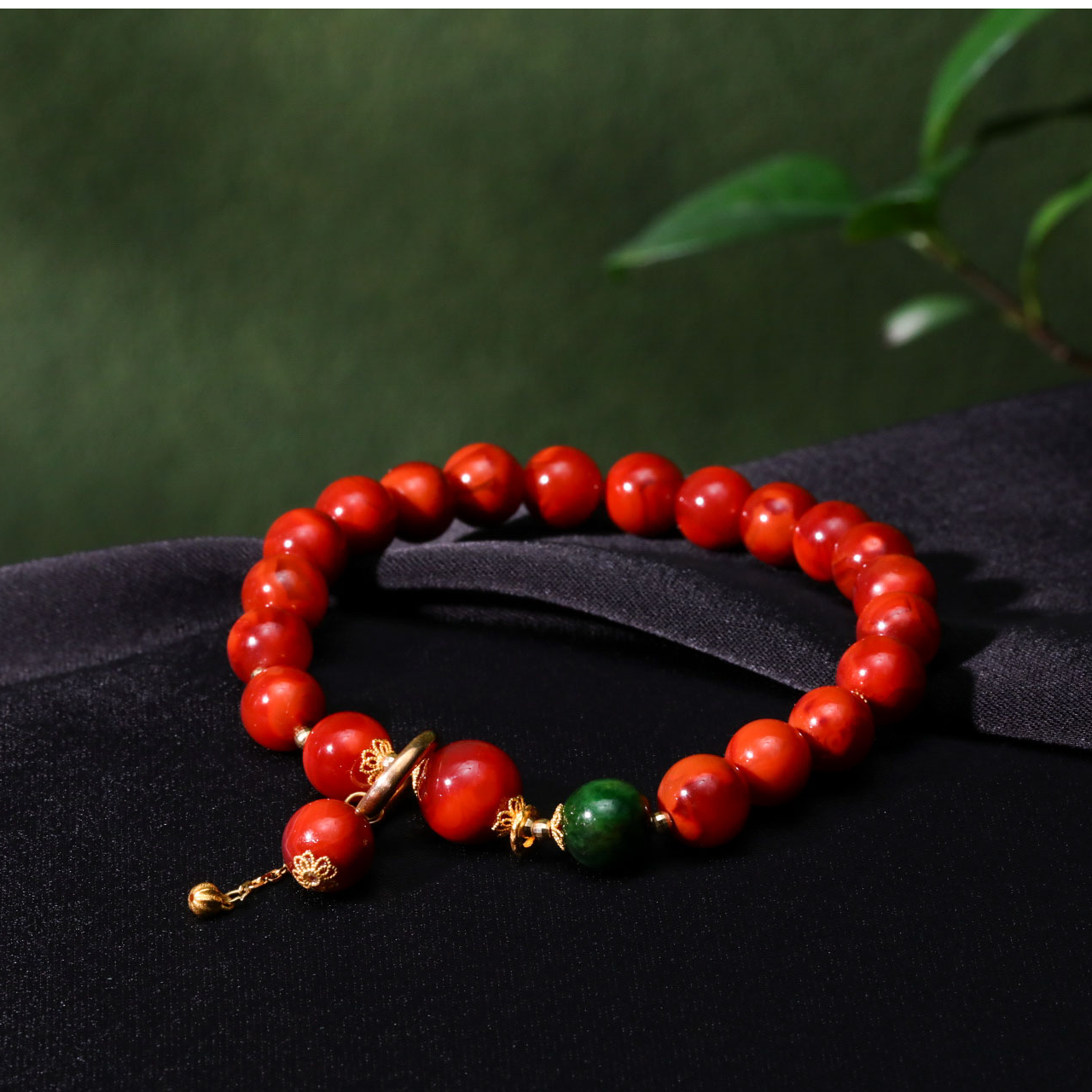 【意婵】《牧心》原矿18K金7.5mm牛血红南红单圈手链老翡翠-914246