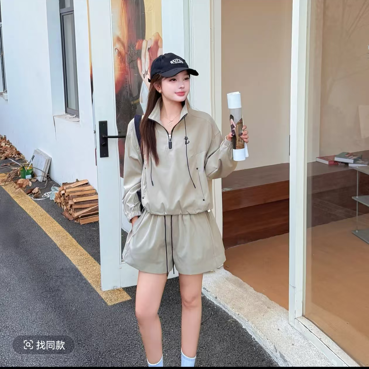 6163#新款时尚套装女2025秋季立领可翻上衣短裤韩系小众两件套