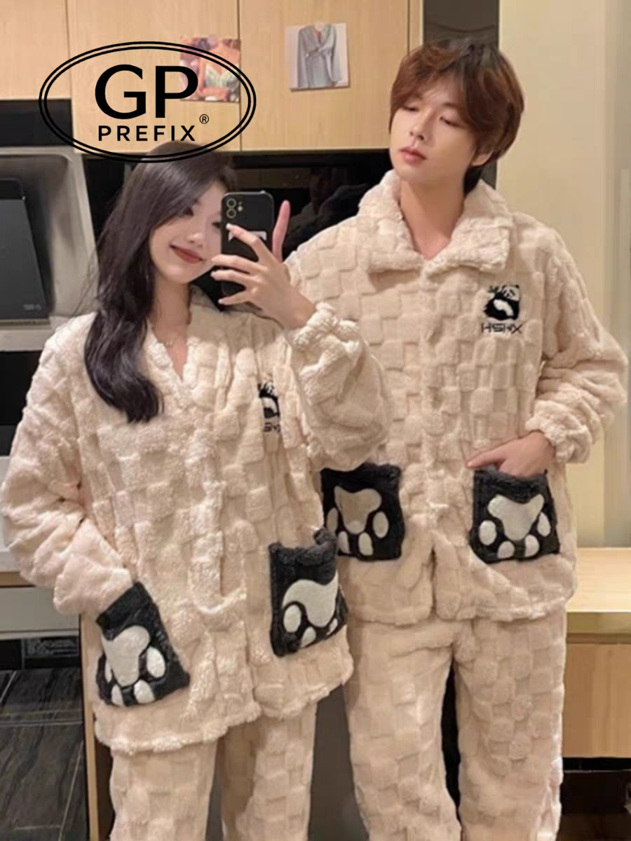 珊瑚绒睡衣男女士秋冬季加绒加厚法兰绒情侣家居服套装黑色猫爪