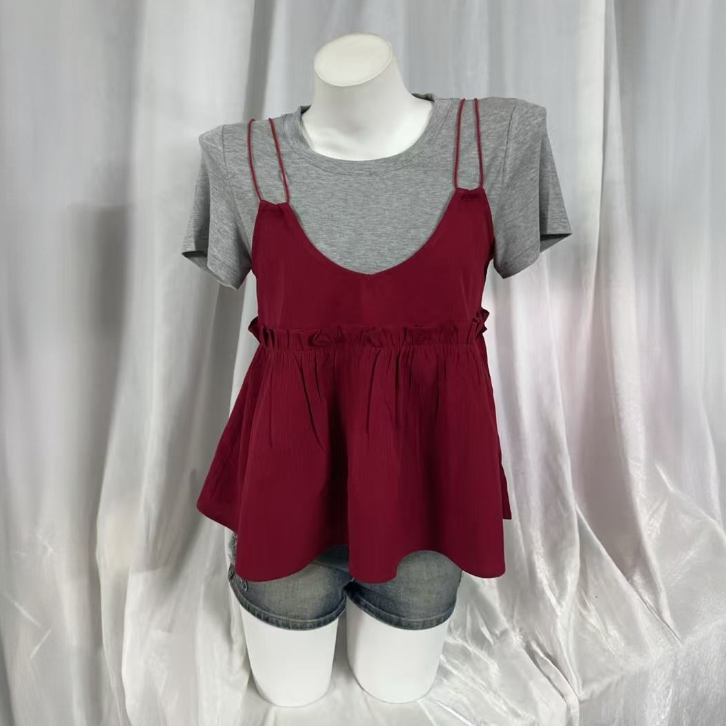 圆领T恤韩版短袖灰色T恤女夏季真两件时尚设计感百搭纯色上衣