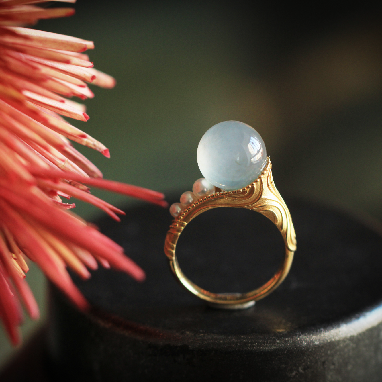 山肆海螺纹玉珠 冰种翡翠18k金戒指