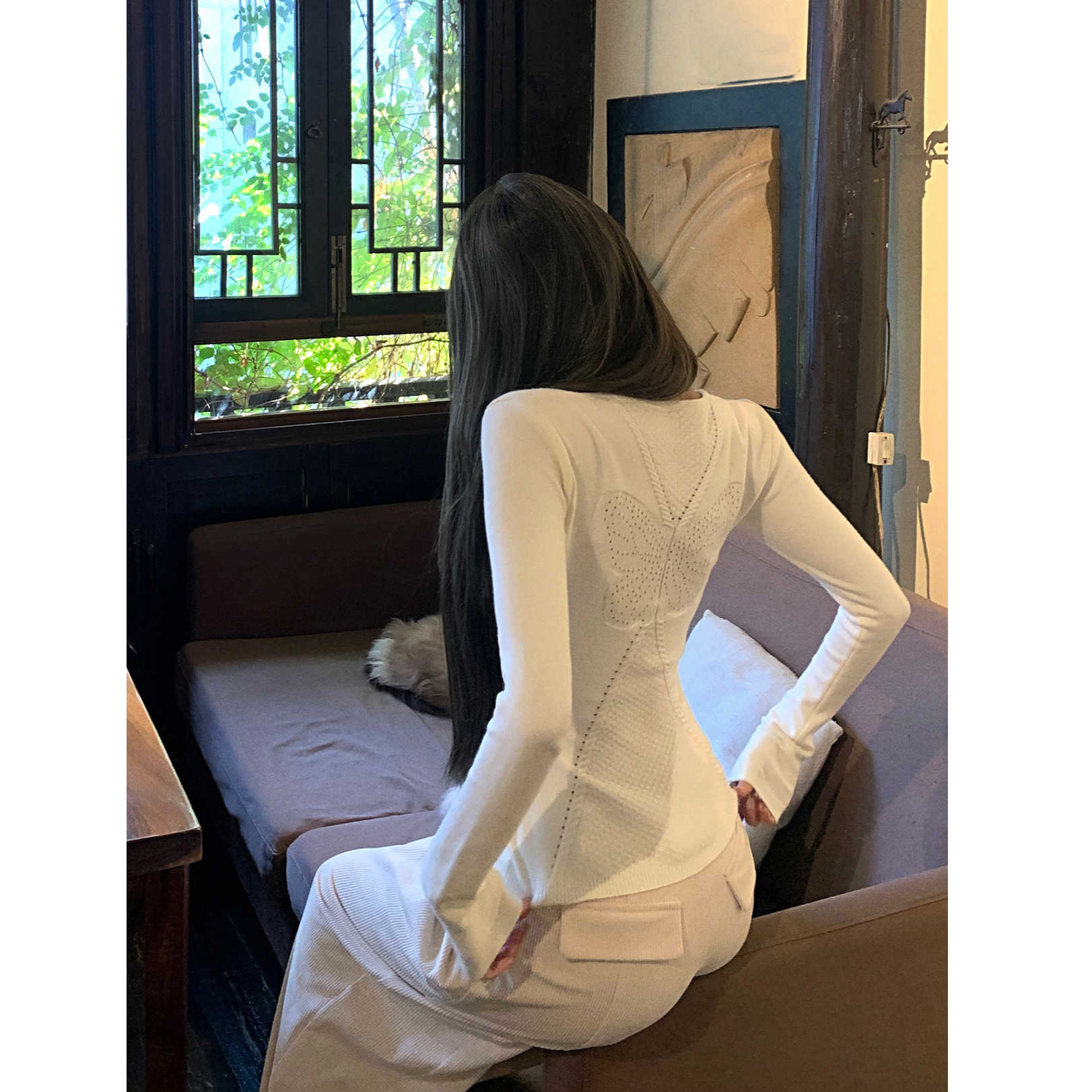 双生蝴蝶 镂空V领毛衣女修身显瘦内搭针织衫打底上衣冬