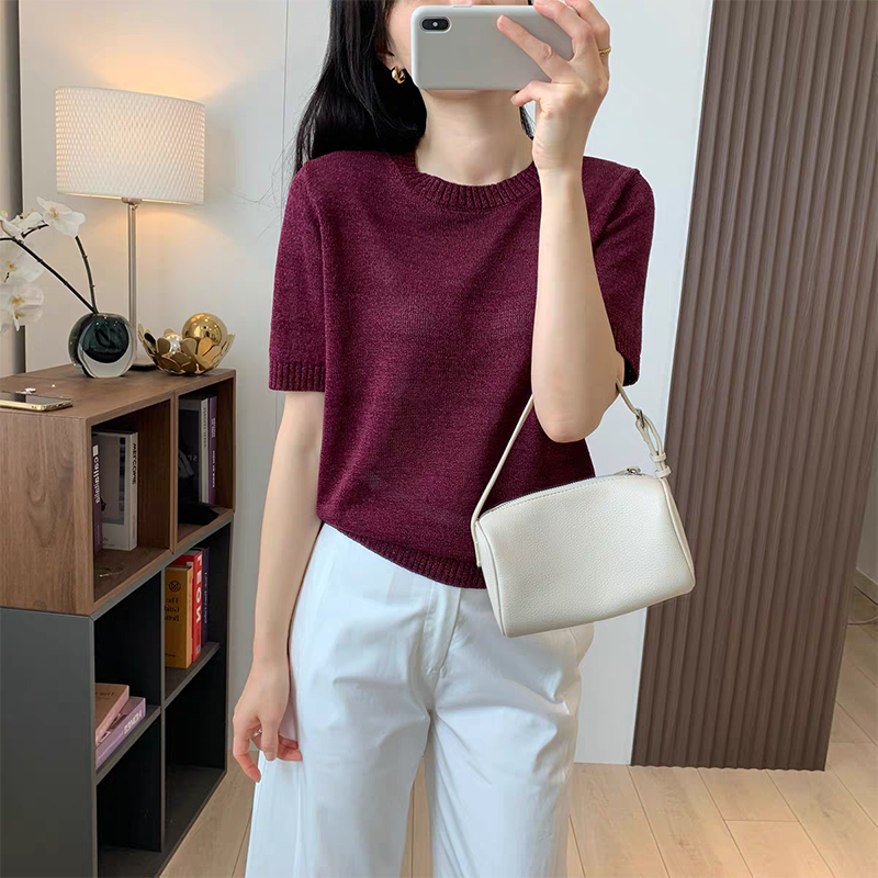 宝丫轻奢  女式复古简约纯色条纹短袖T恤针织衫上衣K2527