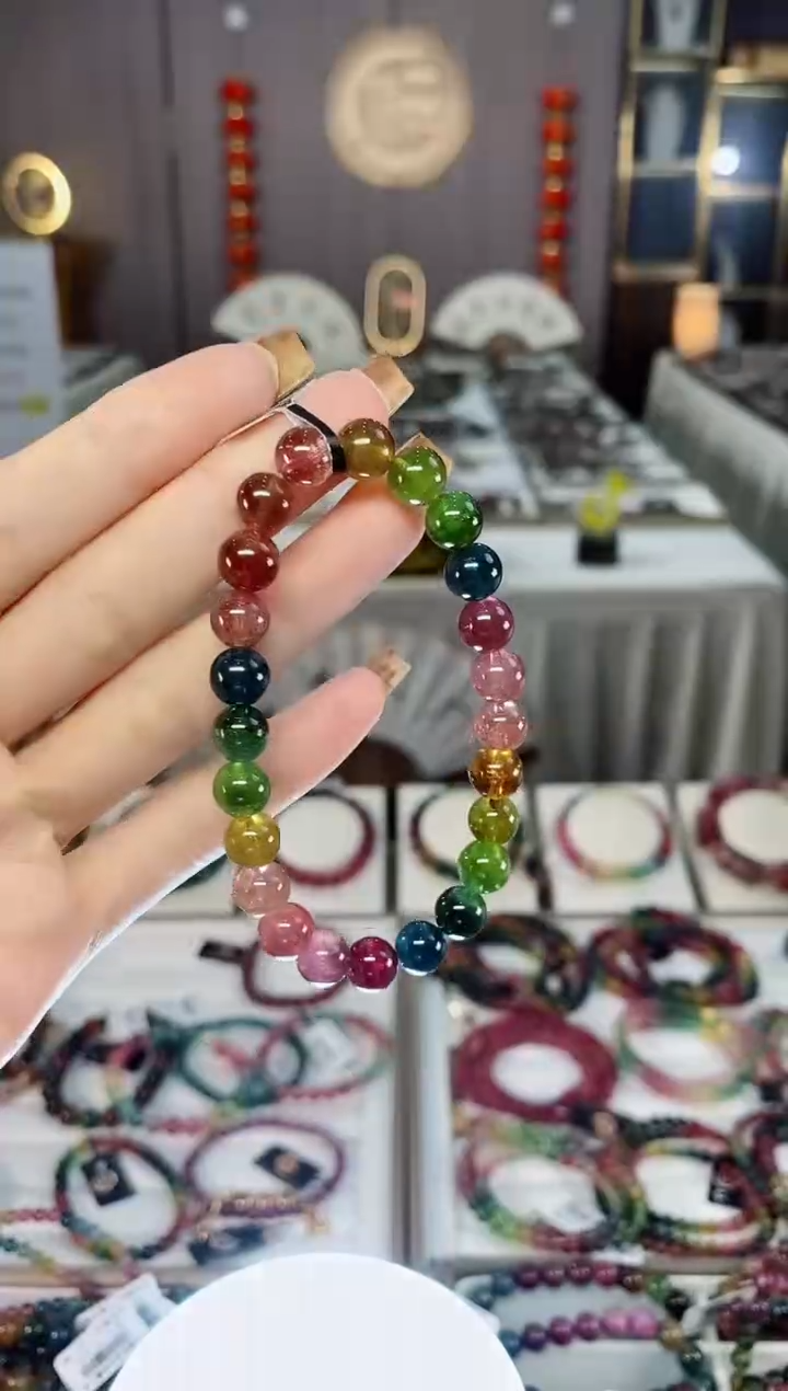 未镶嵌老矿碧玺色标彩虹高透单圈手串8mm+碧玺dan多样性发货一条