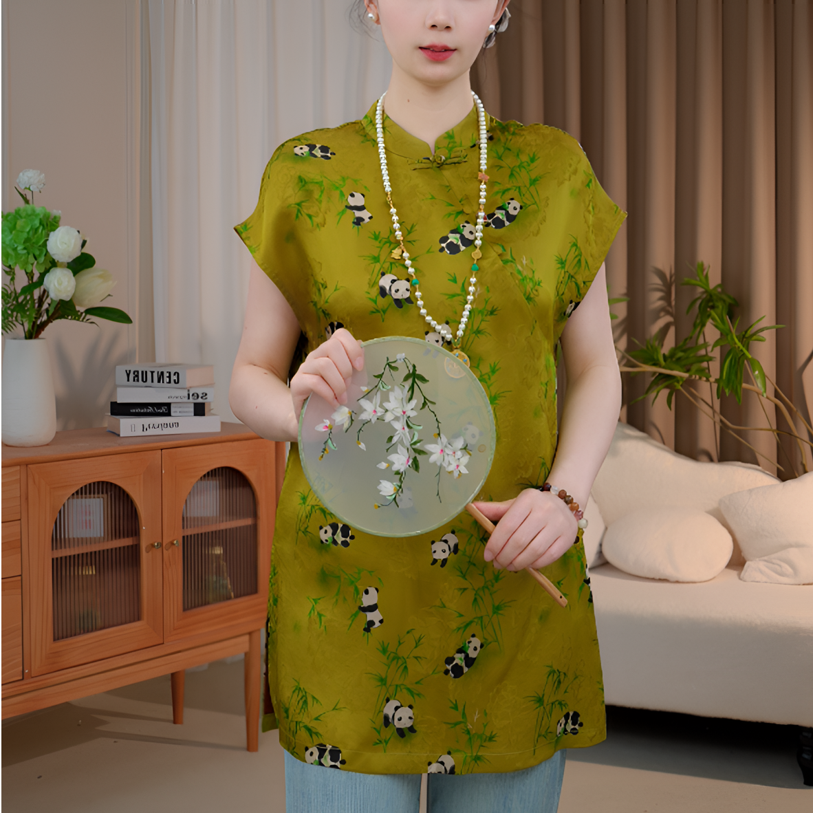 新中式上衣复古国风熊猫印花斜襟盘扣短袖衬衫女夏2025B7661-七月