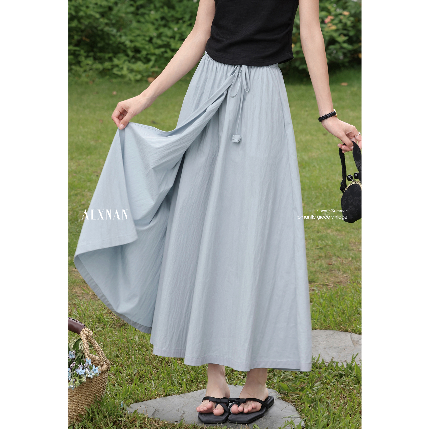 鹿向南「山月浪漫」蓝色法式气质半身裙时尚宽松百搭裤裙L55885