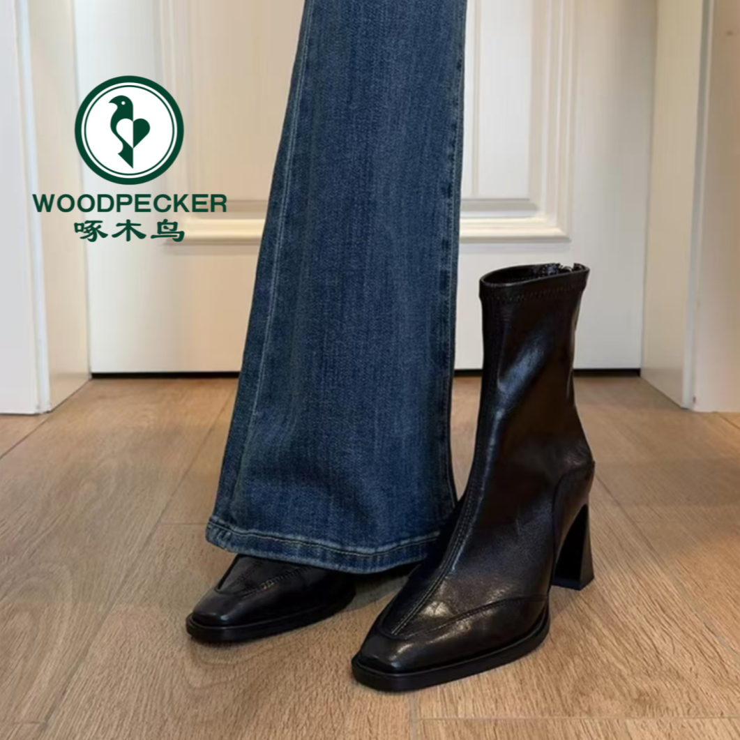 啄木鸟韩版高跟方头瘦瘦靴短靴女2025粗跟复古马丁靴短筒显瘦单靴