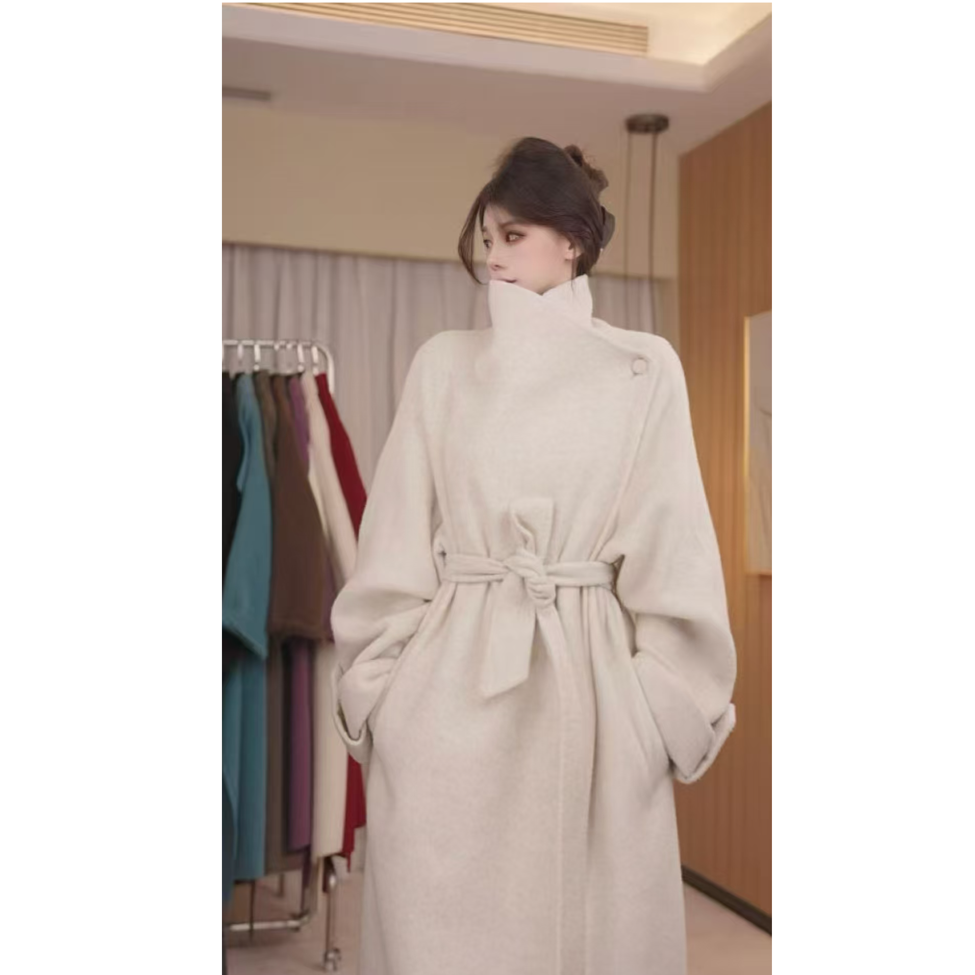 【原版】桑蚕丝羊毛时尚气质修身百搭宽松桑蚕丝羊毛大衣外套24010