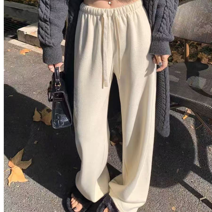 白色糯米阔腿裤女2025新款秋冬季加绒垂坠感软糯休闲直筒裤