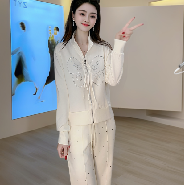 休闲运动套装女春装穿搭一整套高端减龄显瘦钉钻卫衣直筒裤两件套