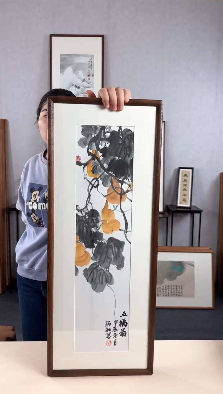 【闪购商品】国画手绘*五福临门*28*72cm实木框