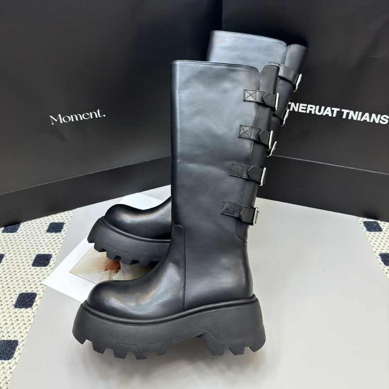 663-16长筒靴女显腿直新款真皮厚底不过膝高筒靴大筒围骑士靴