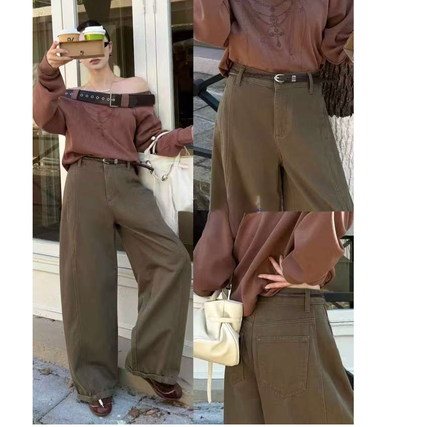 66260 秋冬新款宽松阔腿压线弯刀裤女显瘦高腰牛仔筒裤香蕉裤