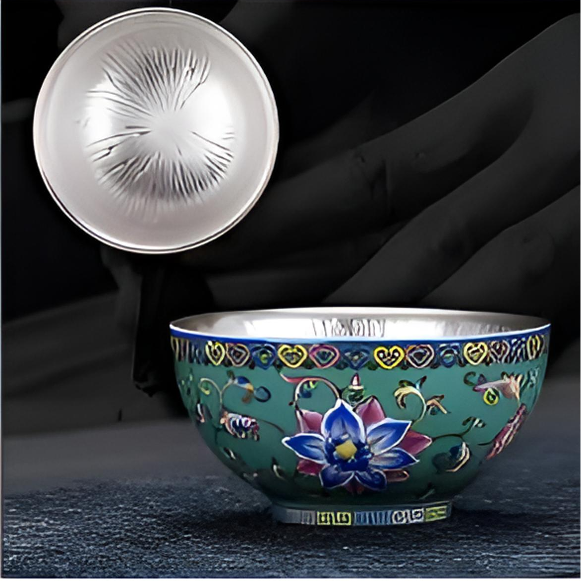 G1916-缠枝莲鎏银杯青草绿（无礼盒）