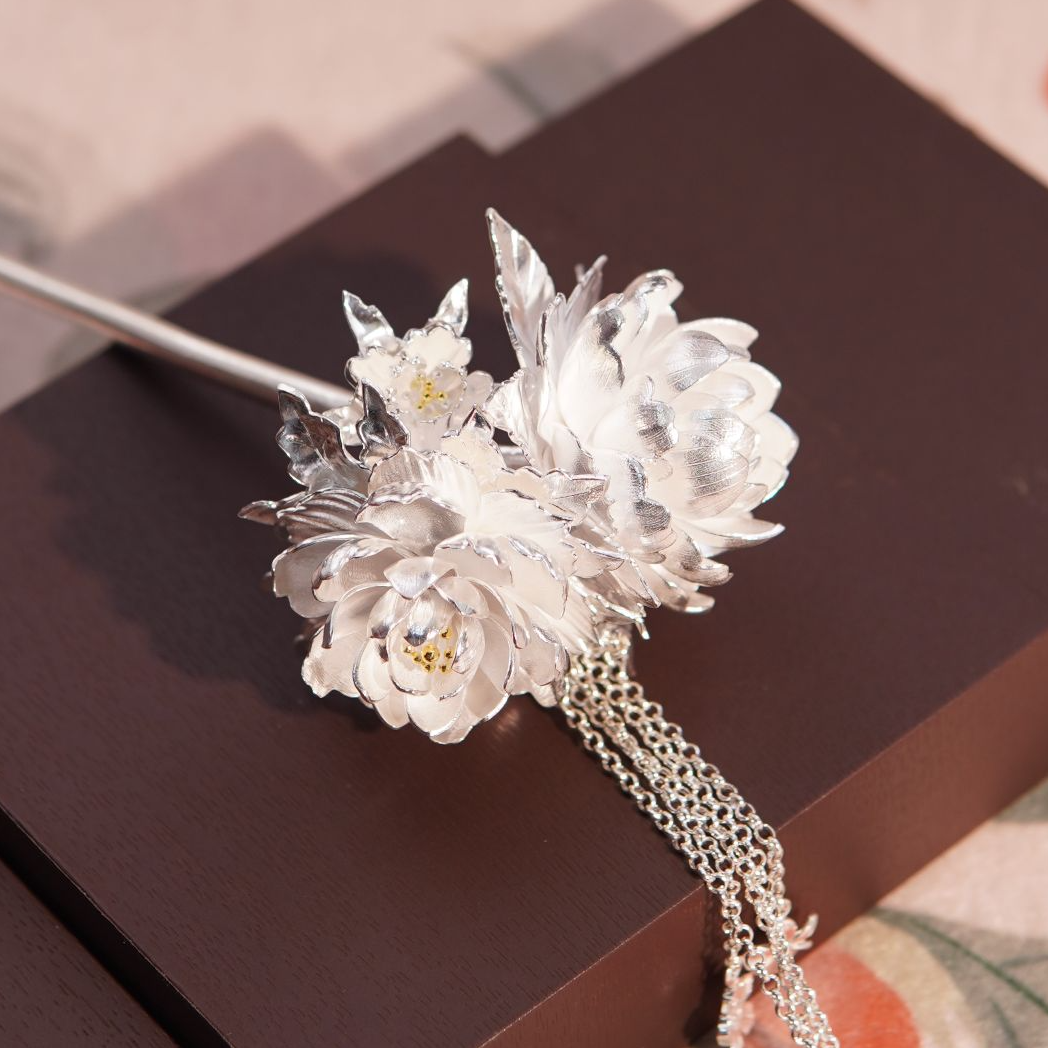 足银银制品 苗人匠银坊 足银纯手工 传承 重工 双牡丹大花发簪