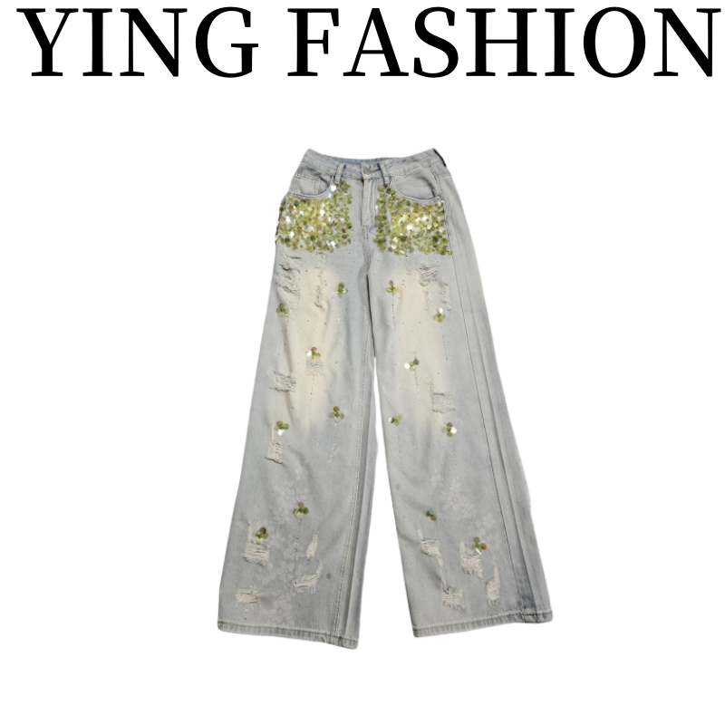 【YING FASHION】莹老板-时尚气质百搭亮片牛仔裤 8020402 686
