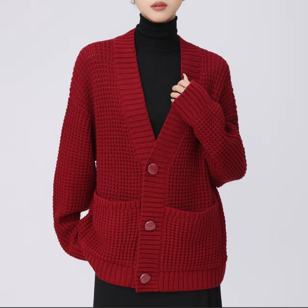 AMASS/阿玛施优雅气质廓形棒针织外套单排扣纯色针织开衫5499286