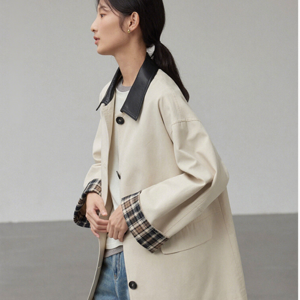 IC撞色复古风衣女小个子2025秋新款高级感莱赛尔棉拼接英伦风外套