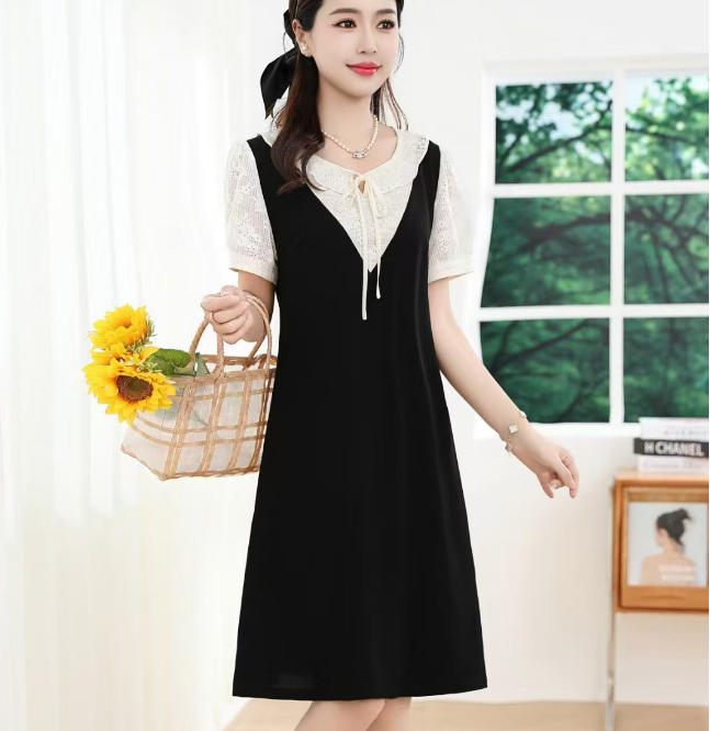 25A38#白【木兮兮专属】2025年夏季新款气质显瘦时尚假两件连衣裙