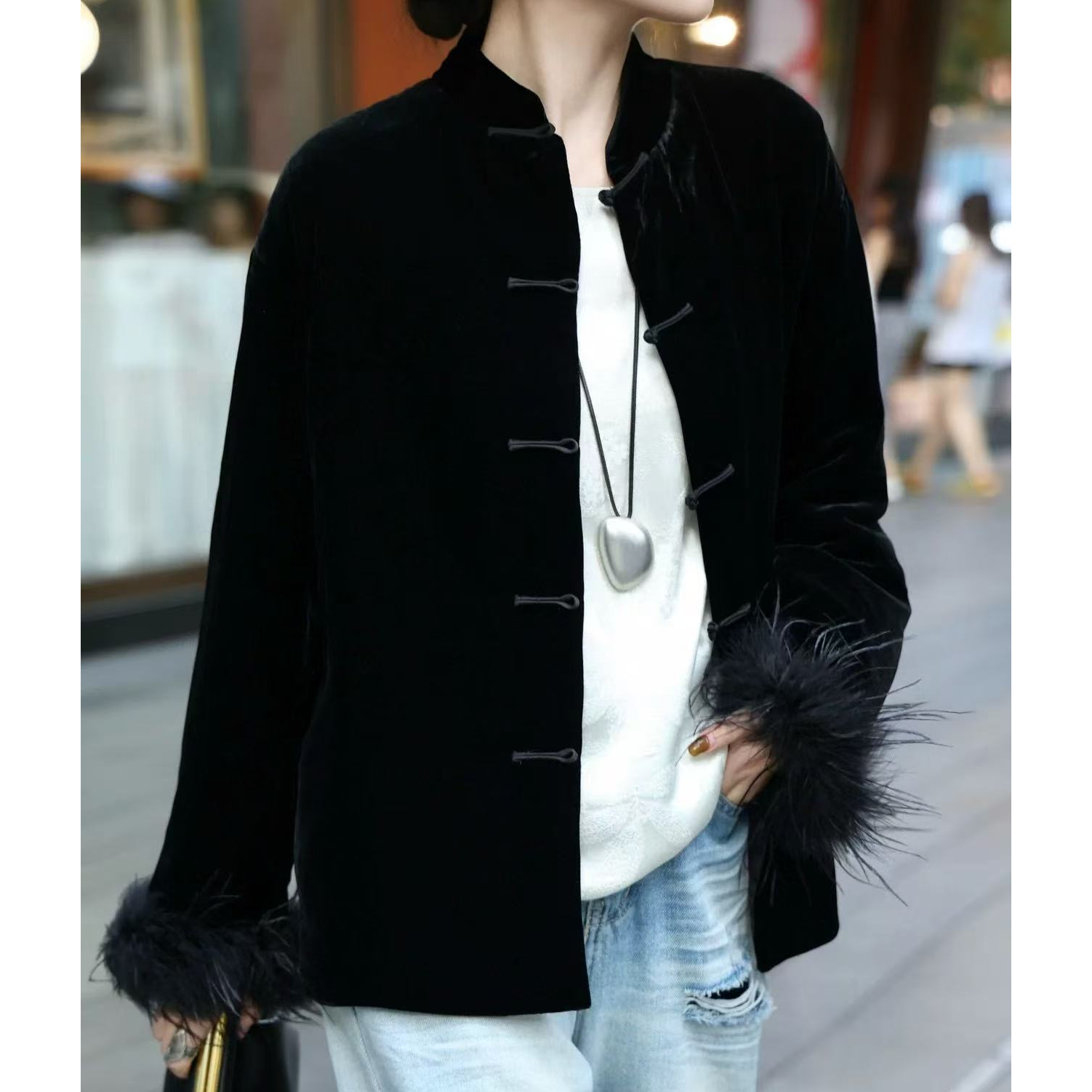 （袖口毛毛）立领冬季棉服常规短款拼接中式黑色复古桑蚕丝棉衣外套