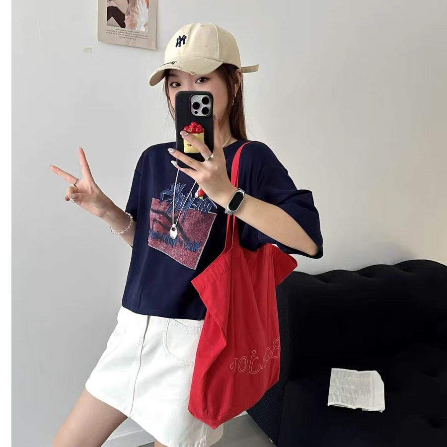 纯棉圆领字母印花前后涂鸦短袖T桖夏季新款25女百搭宽松显瘦上衣