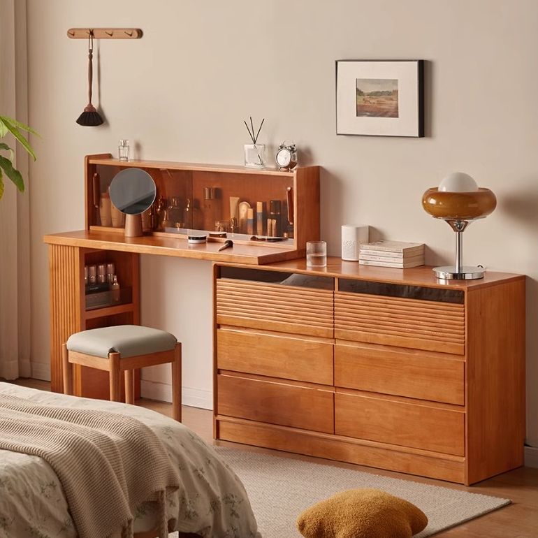 云云佳美全实木梳妆台斗柜一体樱桃木色日式可伸缩书桌转角化妆台