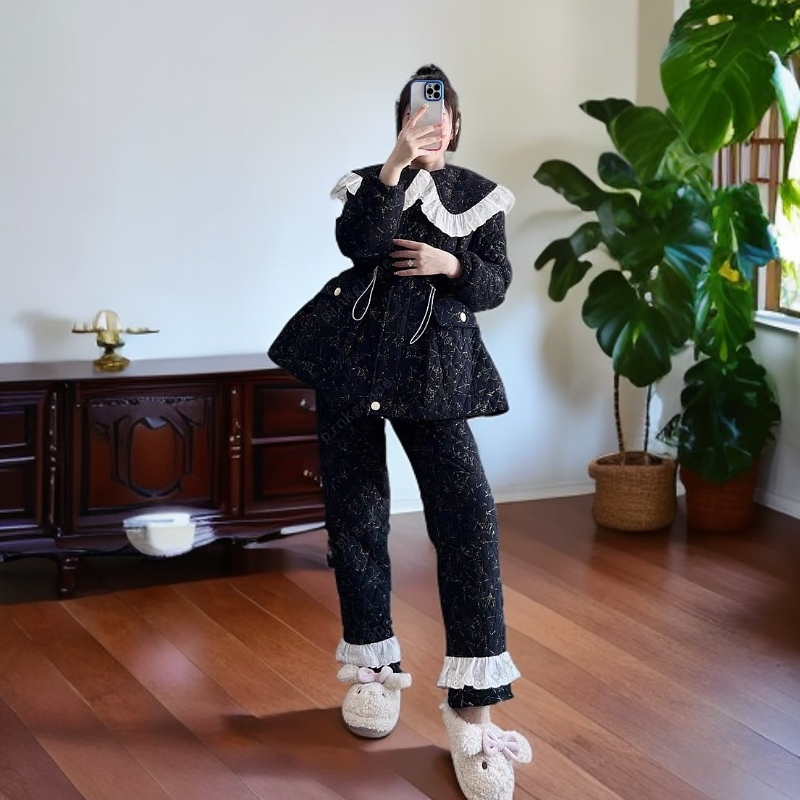 睡衣家居服套装冬季女拼接家居服冬款保暖pink女士网红轻奢