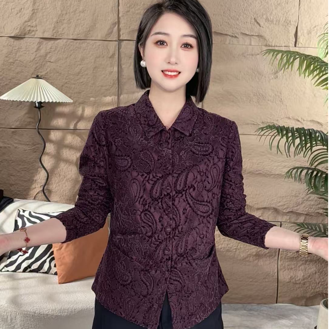 遮肚子显瘦蕾丝春秋装简约纯色收腰衬衫女气质百搭打底上衣衬衣