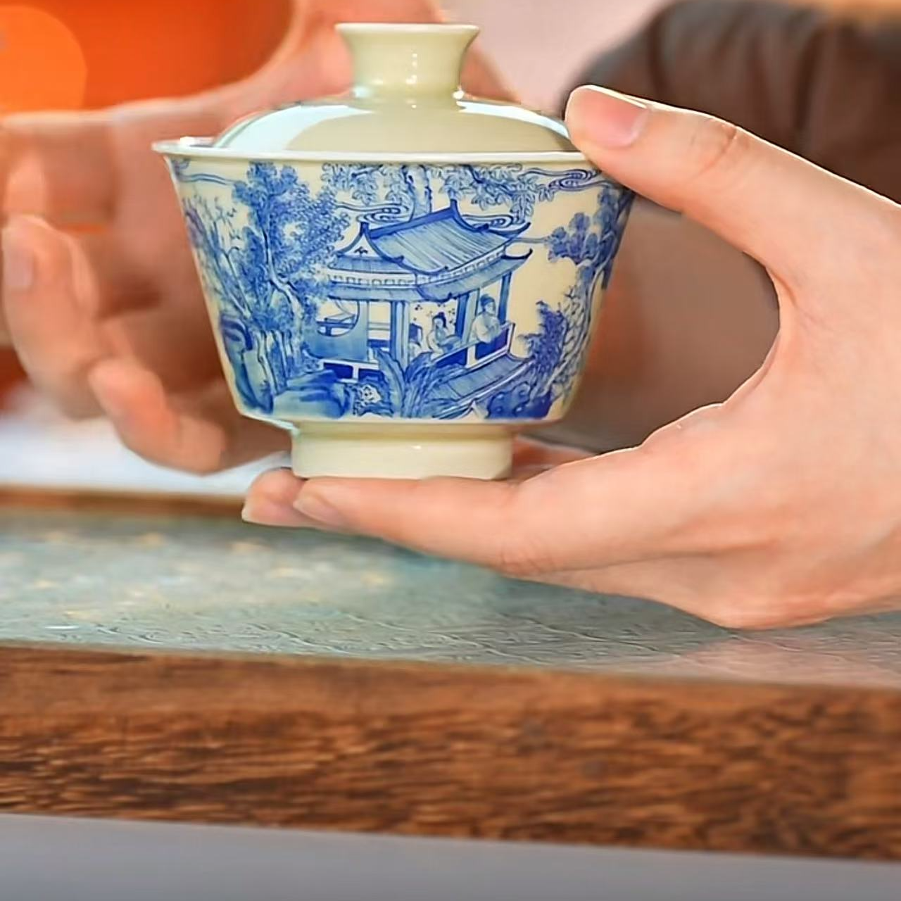 【网瓷福利】仿古高温黄釉青花二才盖碗