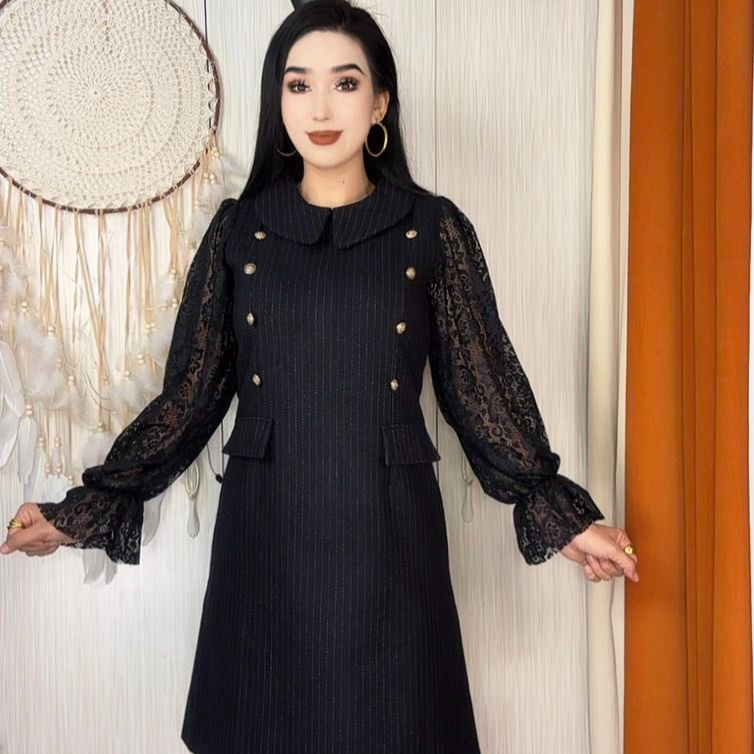 44春季裙子针织时尚秋冬秋冬大码娃娃领连衣裙斜肩款