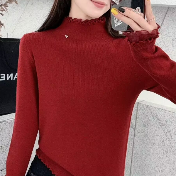 2025秋冬新款蕾丝边半高领针织加绒打底衫修身时尚洋气女装套头厚